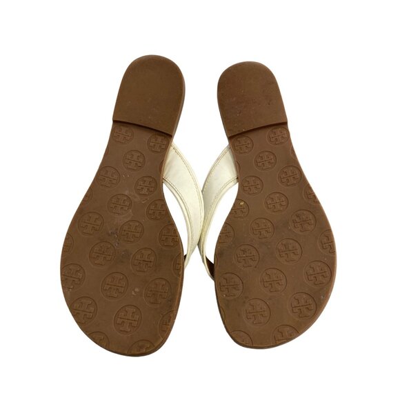 Tory Burch White & Brown Horsebit Leather Thong Sandals Size 6.5M - Picture 2 of 5